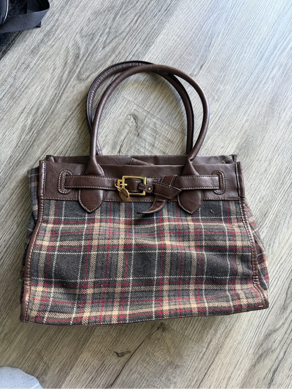 Tommy Hilfiger Brown Plaid Tote with Leather Trim